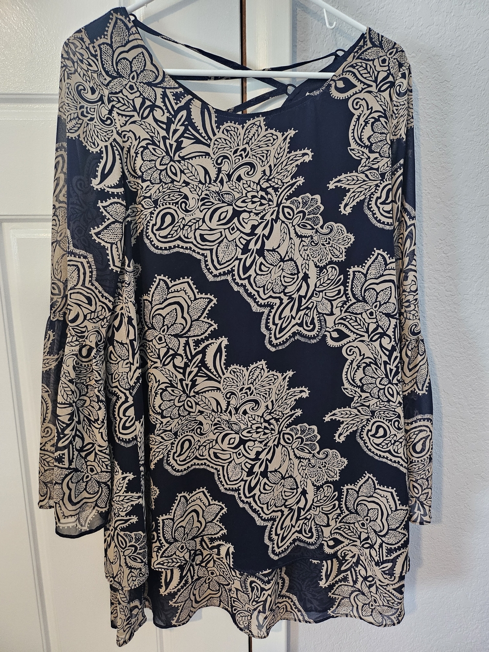 Navy Blue Tunic Dress with Cream Floral Paisley Print